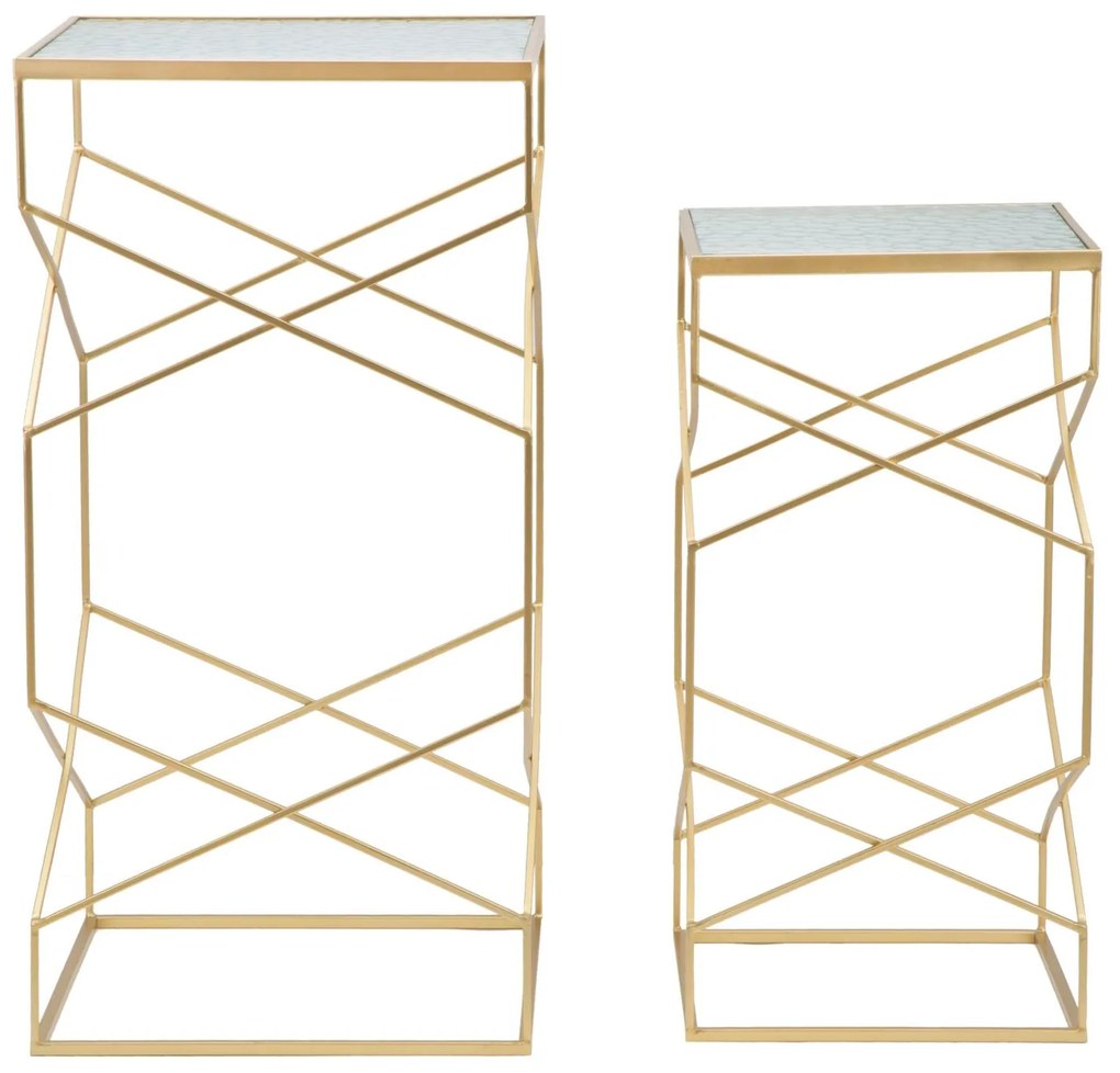 Arany színű négyzetes kisasztal szett geometrikus vázzal és üveglappal – 2 db