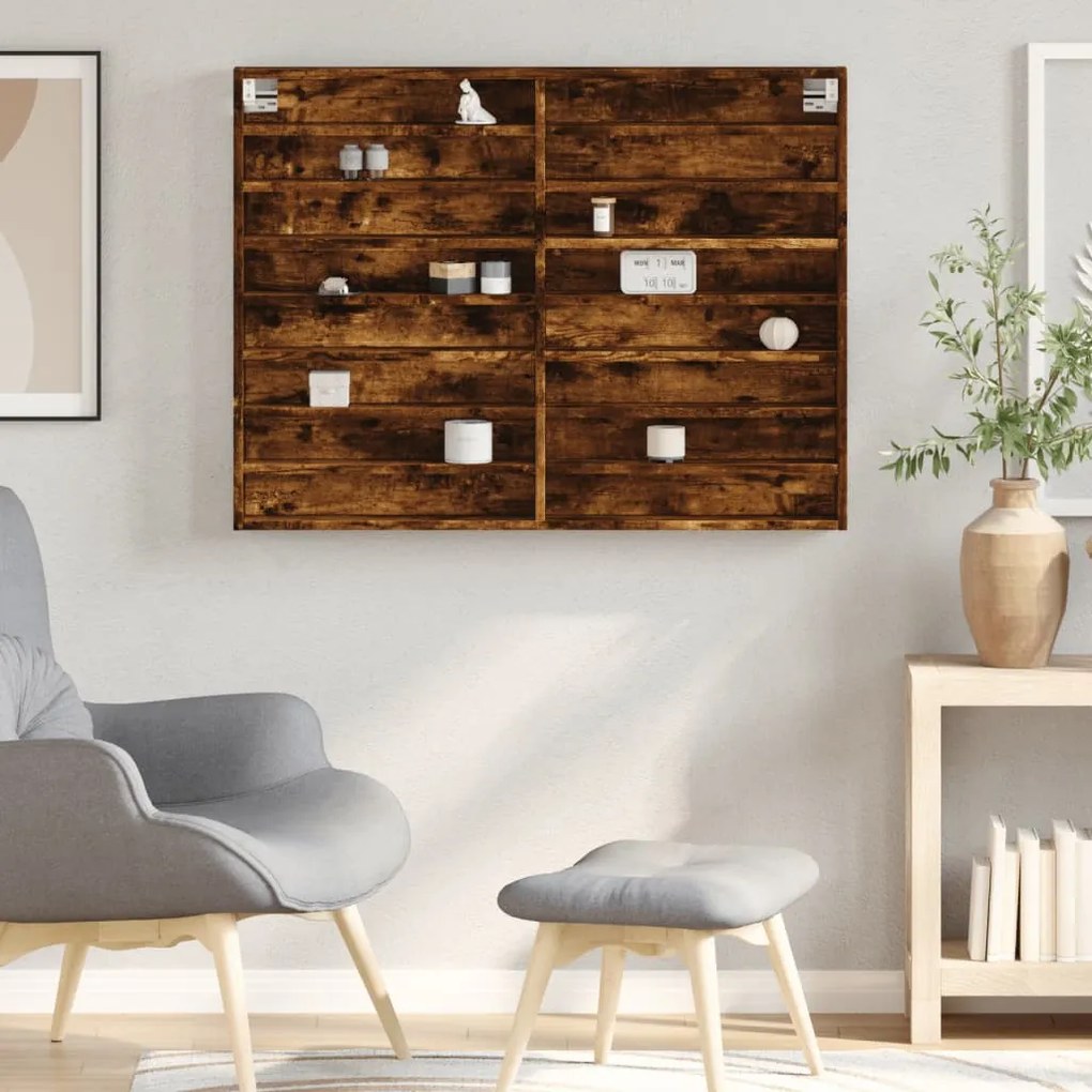 füstös tölgy színű szerelt fa vitrinszekrény 100 x 8,5 x 75 cm