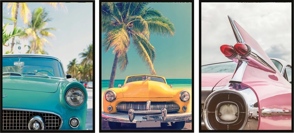 Képek Keretben 53x73cm Triptichon 3 db-os kép szett Miami Autók Tengerpart P573