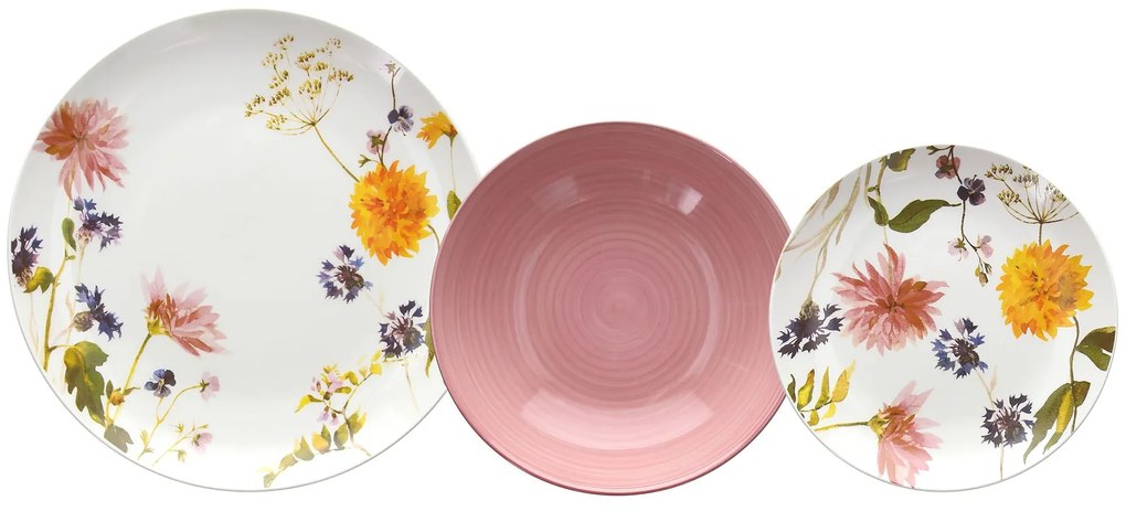 Porcelán virágos 18 részes étkészlet fehér rózsaszín Audrey