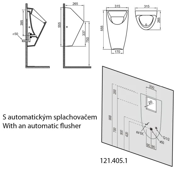 Bruckner - Piszoár SCHWARN hátsó bemenet, hátsó szifon kerámia/fehér