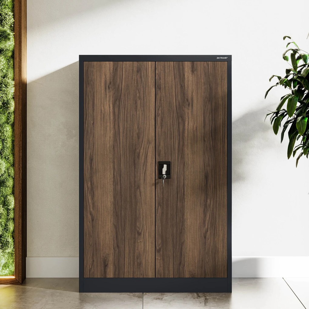 Alacsony fém irodai szekrény 3 polccal, antracit/dió, 900x1400x400 mm: KEVIN Eco Design