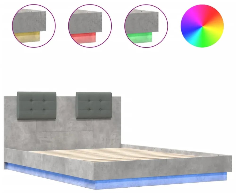 betonszürke ágykeret fejtámlával és LED-világítással 120x200 cm