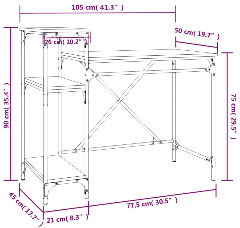 fekete szerelt fa és vas íróasztal polcokkal 105x50x90 cm