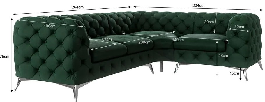 Sötétzöld bársony sarokkanapé (jobb oldali-L alakú) Chelsea – Ropez