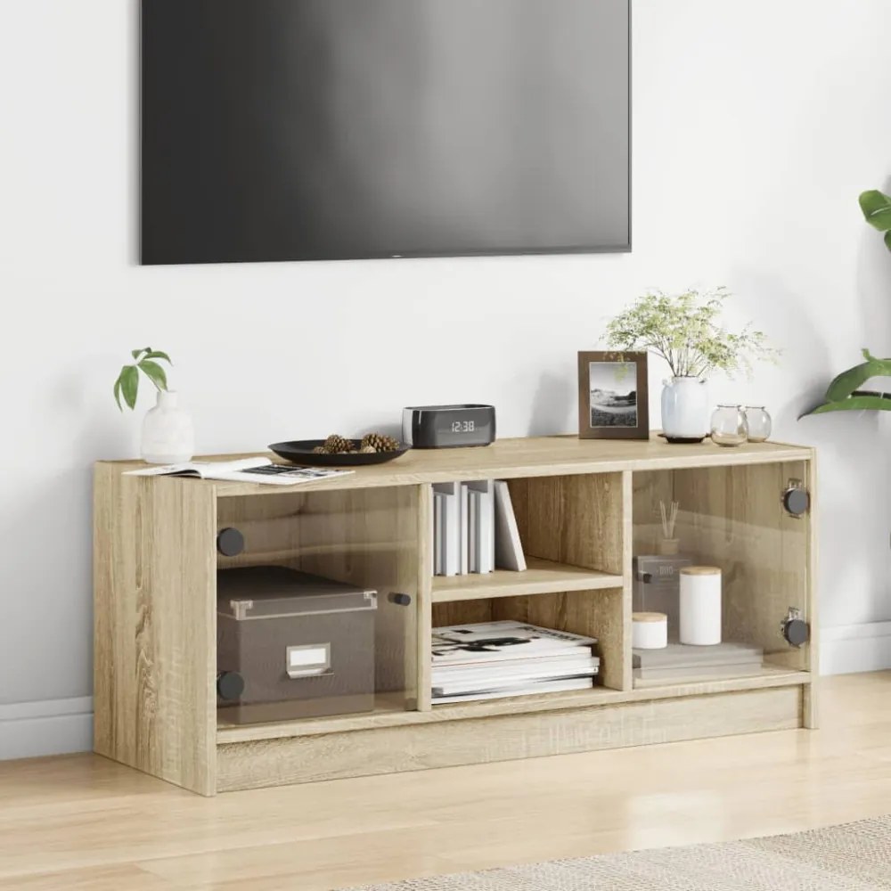 sonoma tölgy színű TV-szekrény üvegajtókkal 102 x 37 x 42 cm
