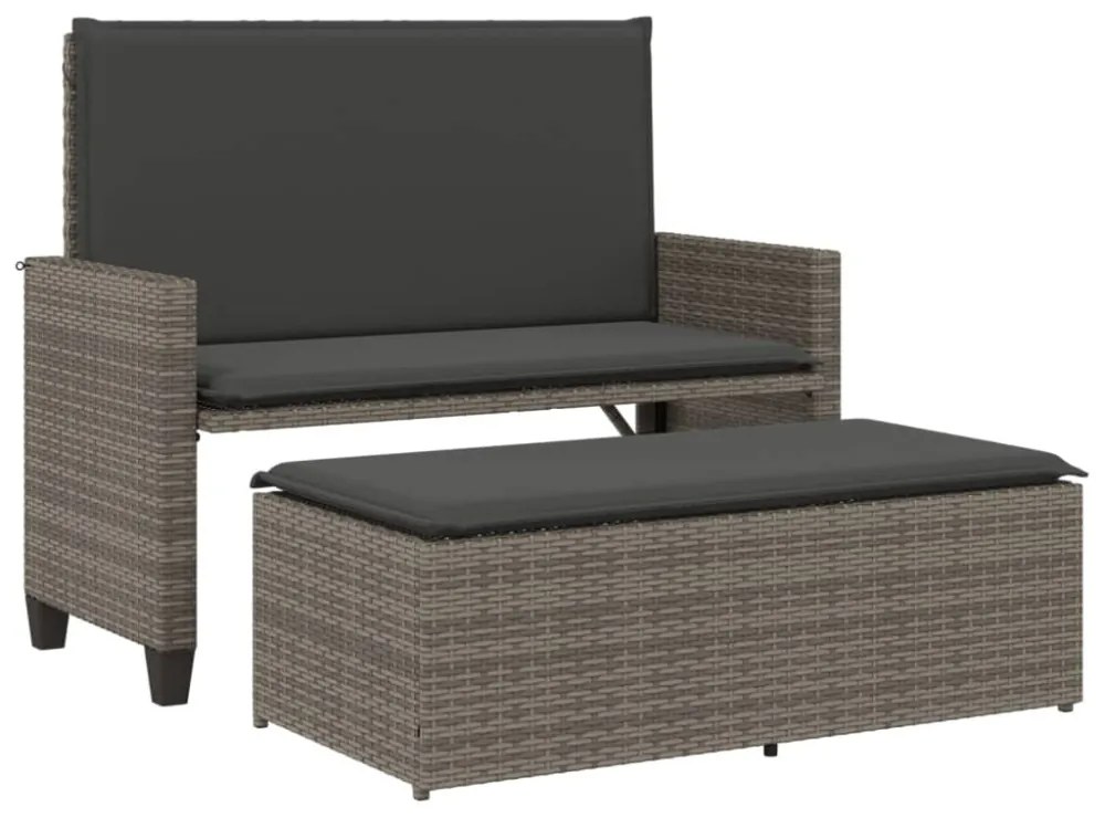 szürke polyrattan kerti pad párnával és lábtartóval