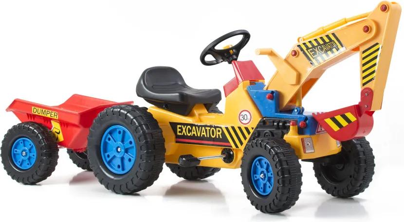 G21 Classic lábbal hajtós traktor utánfutóval és exkavátorral sárga/kék színben