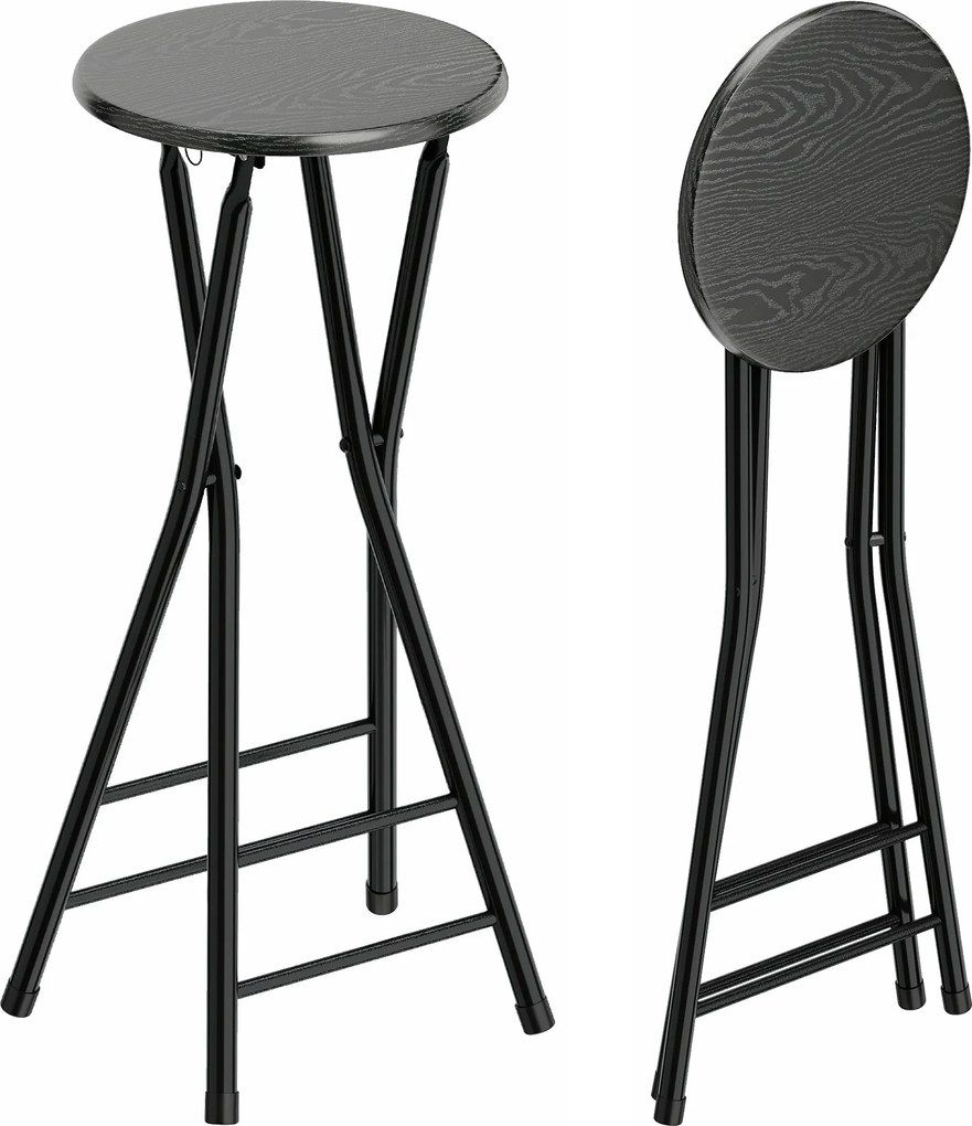 HOMCOM 2 db összecsukható bárszék – kerek magas konyhapult szék, dupla lábtartó, MDF–acél váz, fekete | Aosom