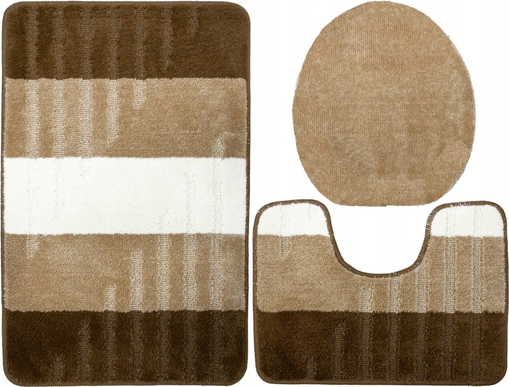 VIC 3 részes Csúszásgátló Fürdőszobaszőnyeg Szett Csíkos Bézs Barna Krém