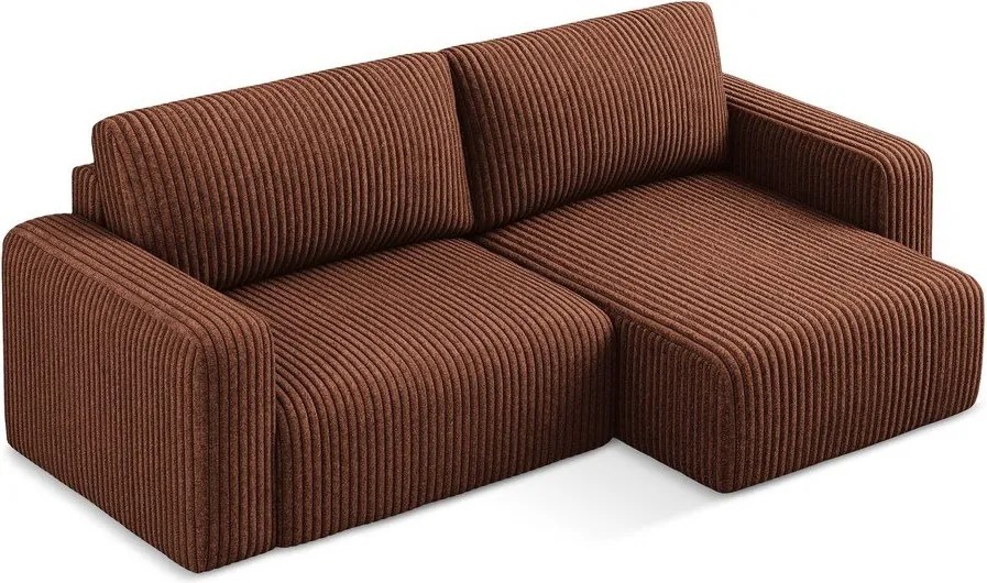 Terrakotta színű kordbársony kinyitható-tárolóhelyes sarokkanapé (jobb oldali-heverő résszel) Kona – Makamii