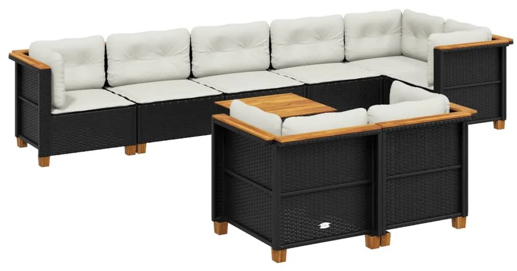 9 részes fekete polyrattan kerti ülőgarnitúra párnákkal
