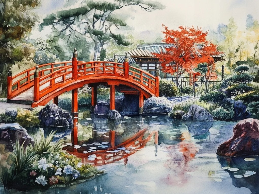 Canvas Vászonkép Japán Kert Híd Tó Akvarell 80x60
