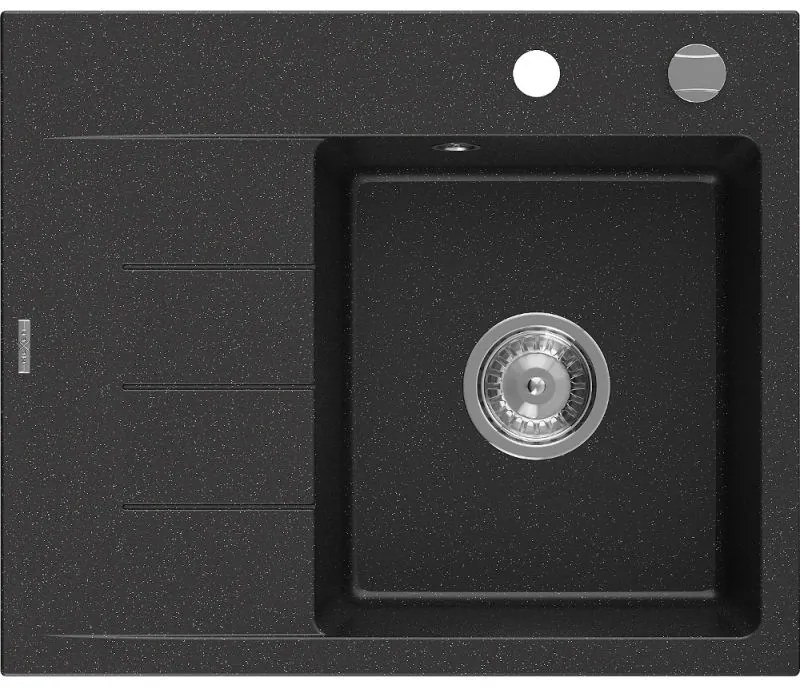 Mexen Ben gránit mosogatómedence 1 rekeszes csepegtetővel, jobb oldali, 600 x 500 mm, fekete/ezüst metál, króm szifon