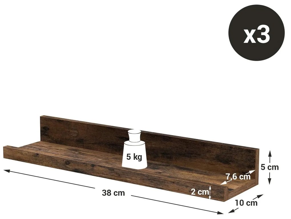 Falipolcok 3 db lebegő polc készlet, hossza 38 cm, rusztikus barna