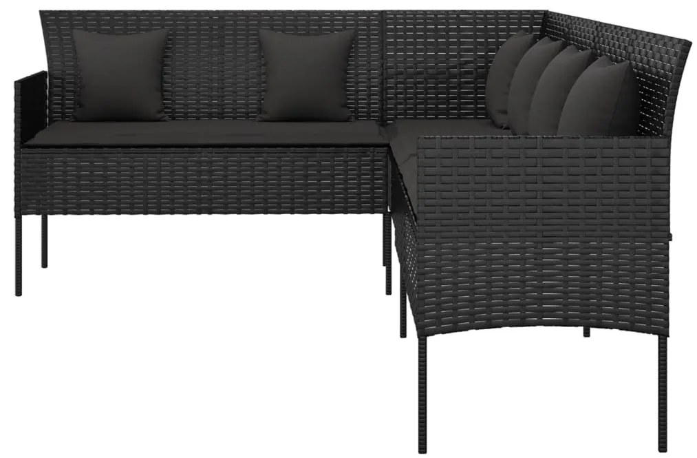 L-alakú fekete polyrattan kerti kanapé párnákkal