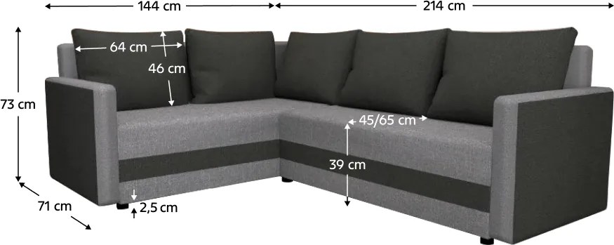 Univerzális ülőgarnitúra, fekete/szürke, DINA L ROH