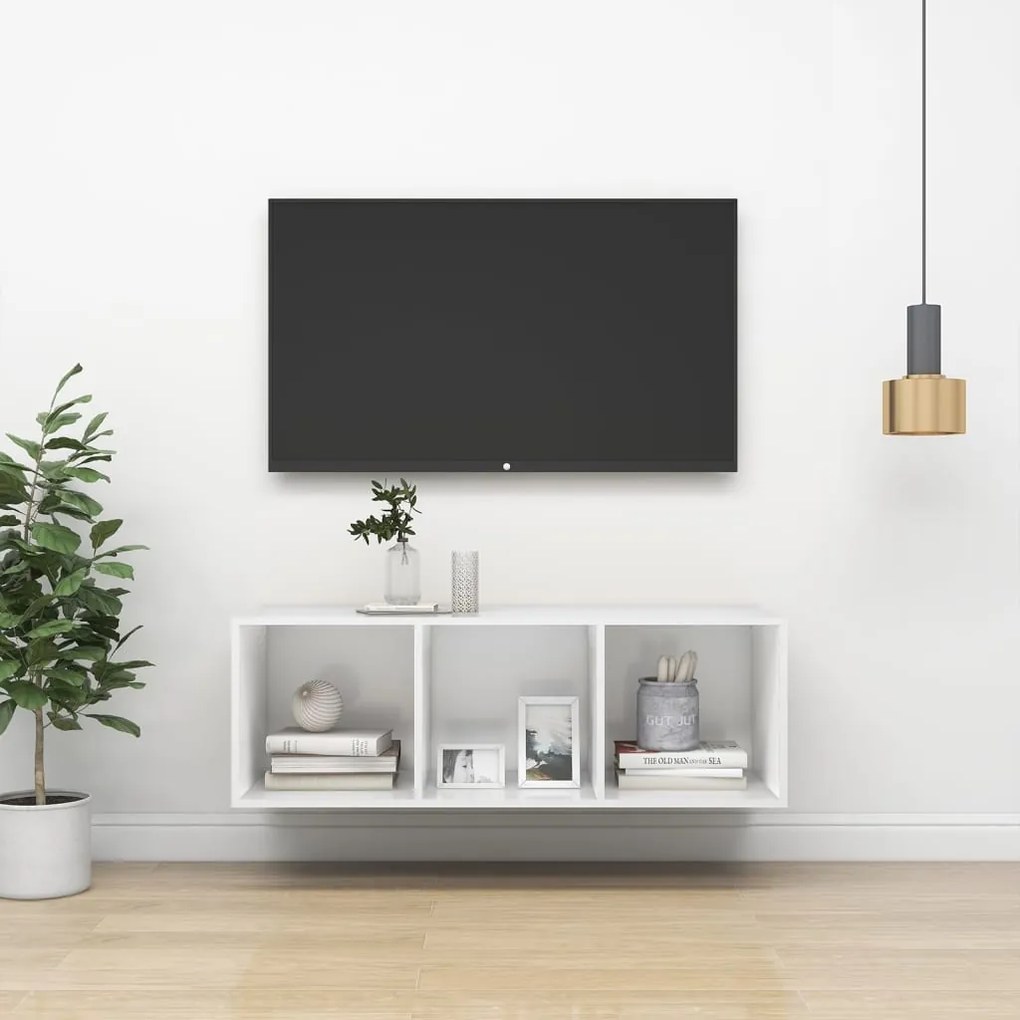 fehér szerelt fa falra szerelhető TV-szekrény 37 x 37 x 107 cm