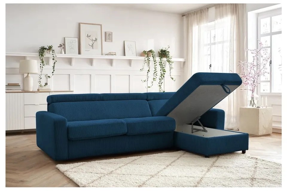 Sötétkék kordbársony kinyitható sarokkanapé (variálható) Monaco – Bobochic Paris