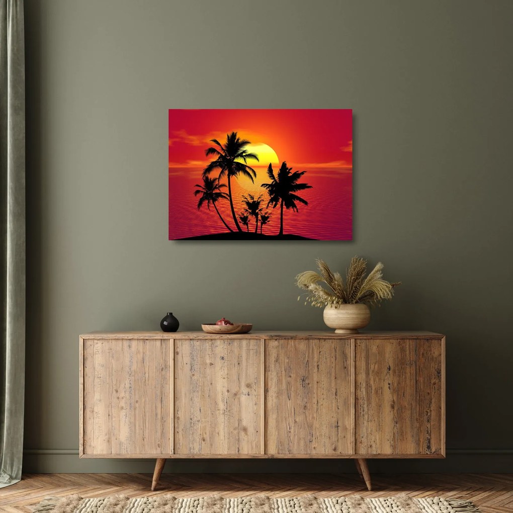 Egy sziget sziluettjének képe pálmafákkal (üvegen) (70x50 cm)