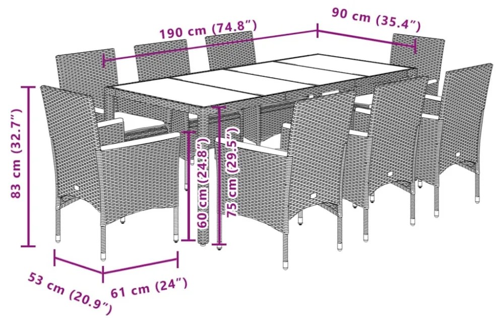 9részes fekete polyrattan/akácfa kerti étkezőgarnitúra párnákkal