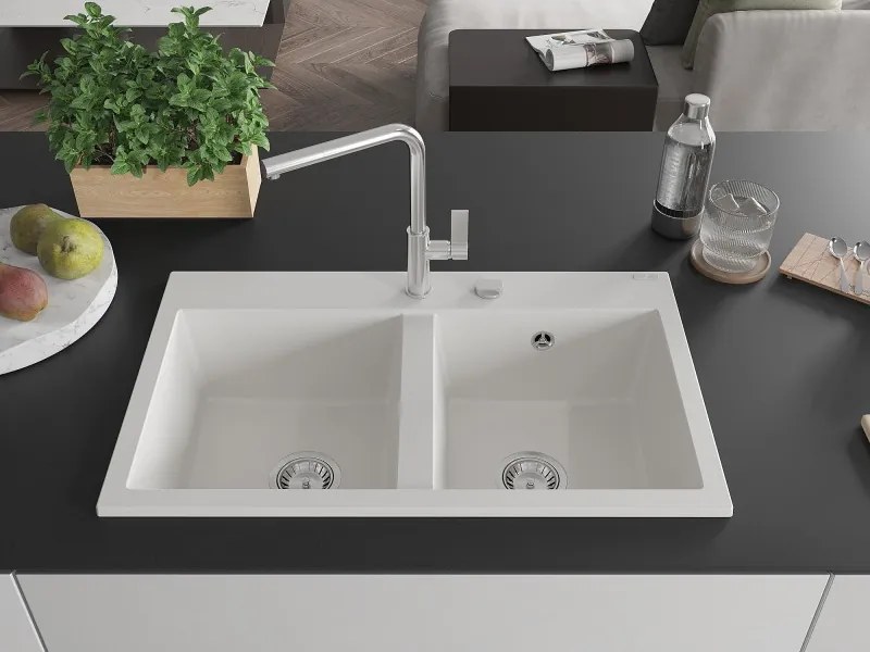 Mexen Hektor gránit mosogató 2-medencés 800 x 480 mm, fehér, króm szifon - 6521802000-20