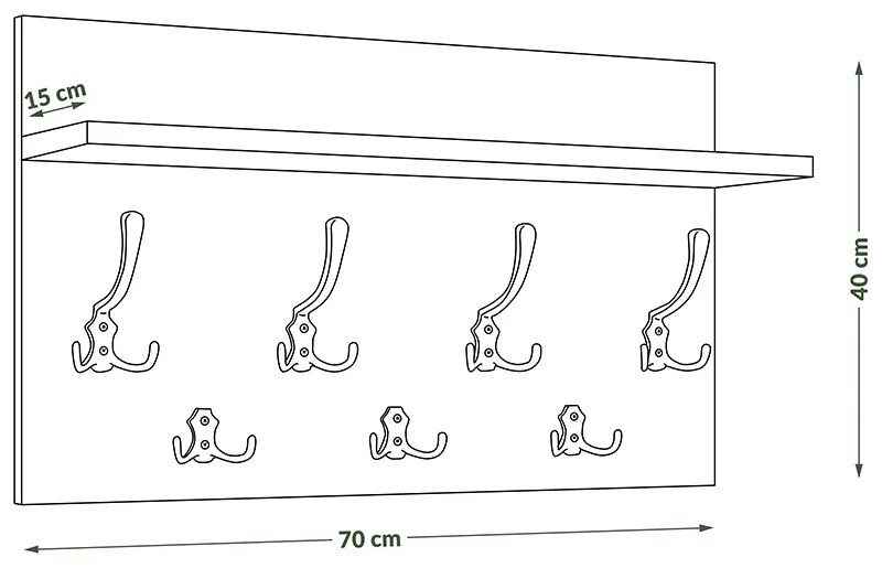 Mazzoni FINLO Arany Tölgy/Fekete Matt akasztók - MODERN FALI FOGAS POLCCAL ELŐSZOBÁBA 90 és 70 cm