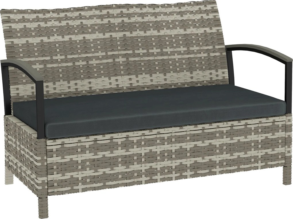 Outsunny 2 személyes kerti tárolós pad párnával és fogantyúkkal — 125 L kültéri tárolódoboz, polirattan, sötétszürke (123 x 70 x 82 cm) | Aosom