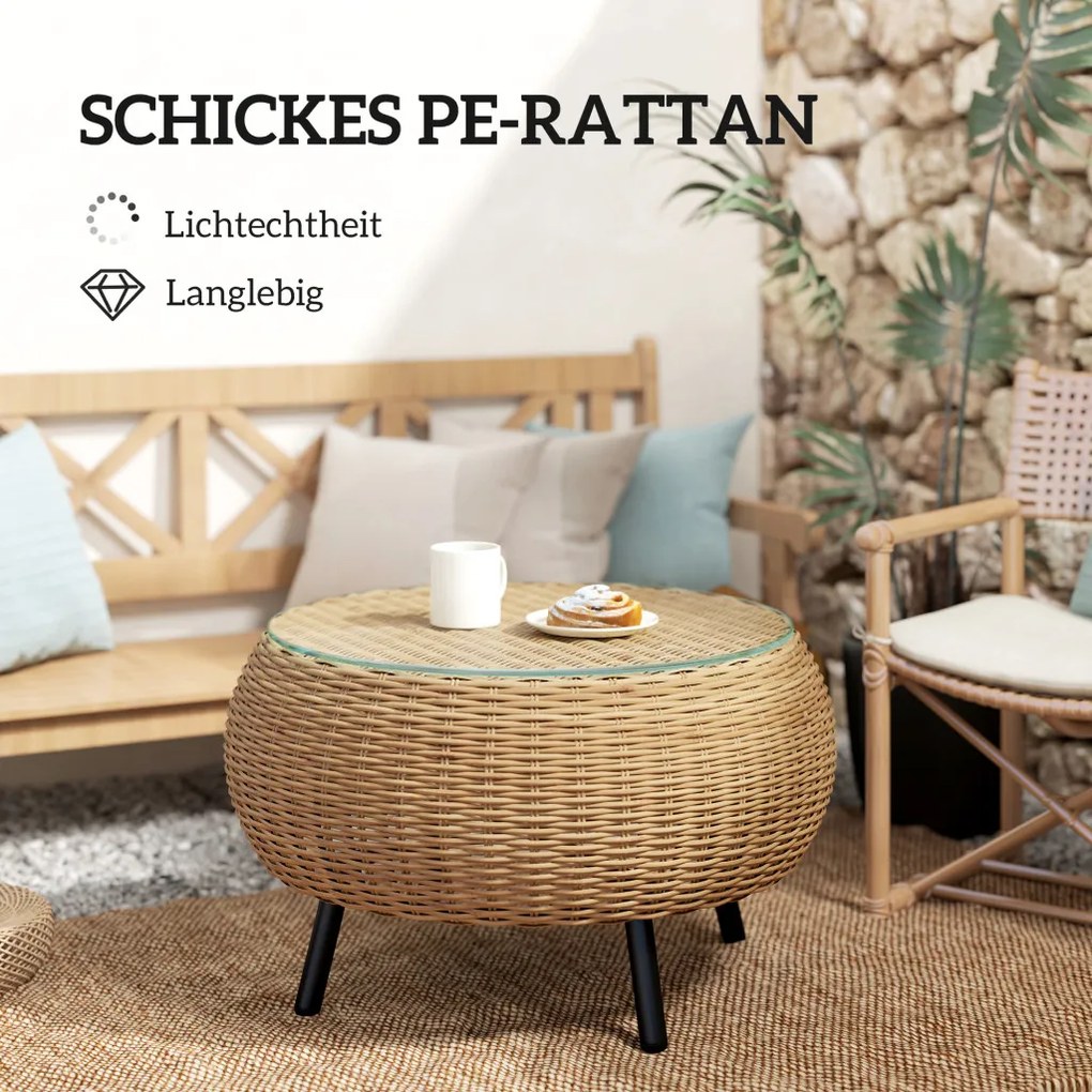 Rattan kerek kerti asztal, üveglappal, barna Ø75 x 42 cm
