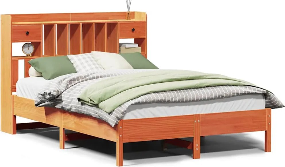 vidaXL barna tömör fenyőfa könyvespolcos ágy matrac nélkül 160 x 200cm