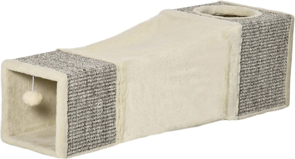 PawHut Macskakötél, Macska Játék Labdával, Macskabarlang, Hajtható Zsinegfedeles Játék Alagút, Különleges Design, Barna+Beige, 98 x 30 x 30 cm | Aosom