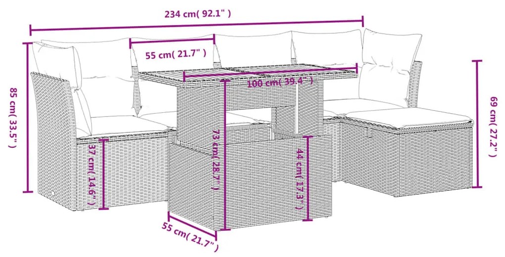 6 részes bézs polyrattan kerti ülőgarnitúra párnával