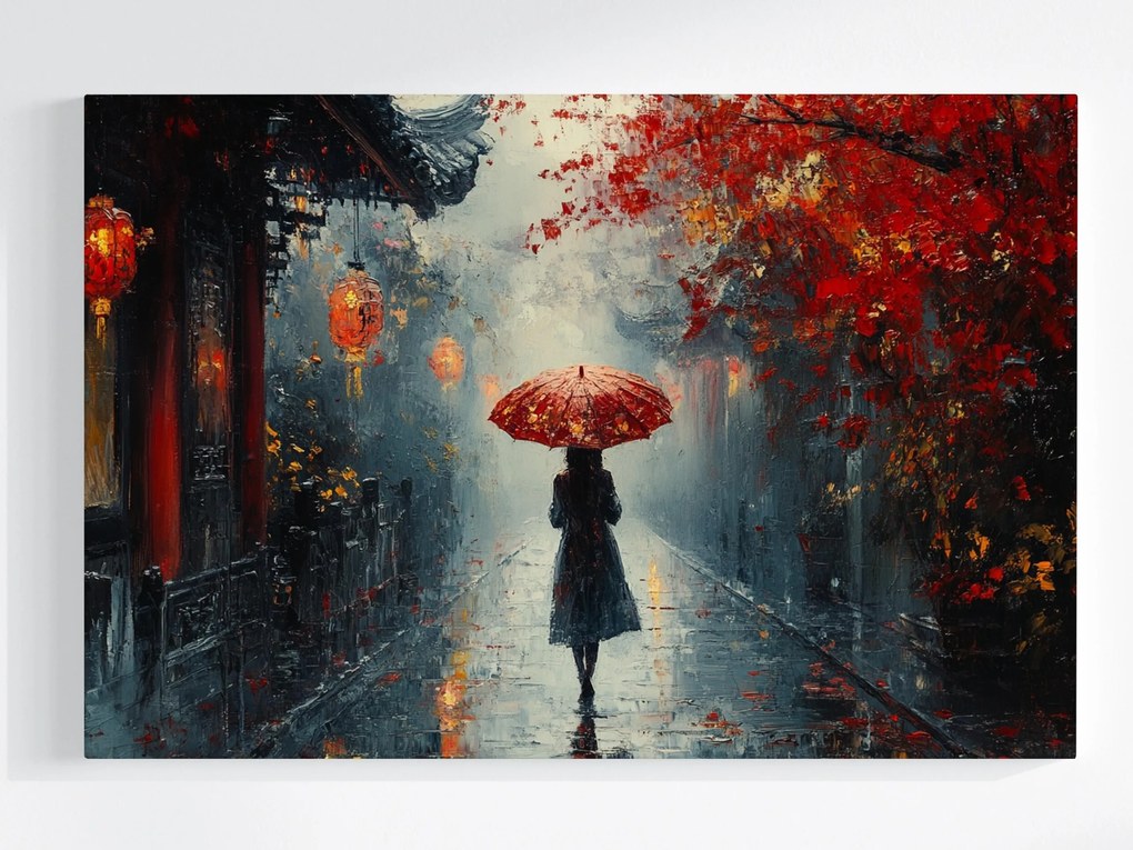 Vászonkép Canvas Nő Esernyő Keleti Utca Őszi Köd 120x80