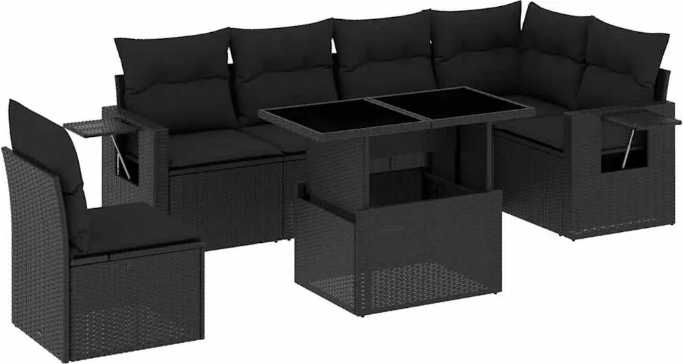 vidaXL 7 részes fekete polyrattan kerti ülőgarnitúra párnával