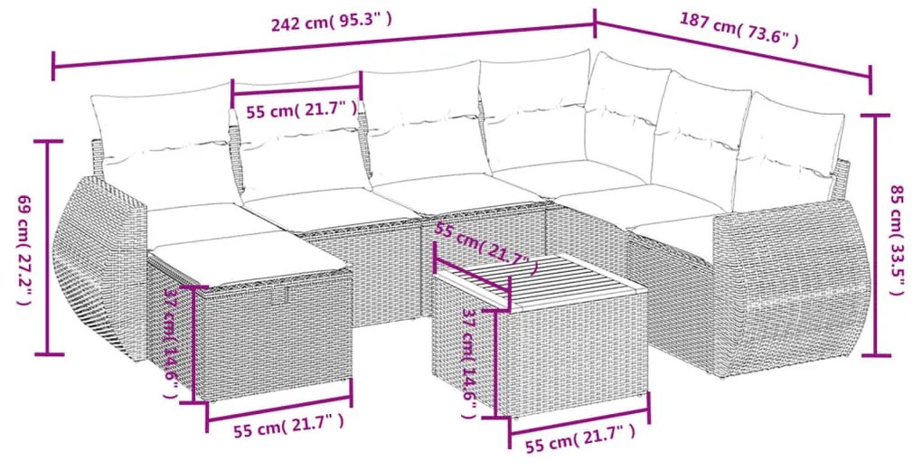 8 részes fekete polyrattan kerti ülőgarnitúra párnákkal