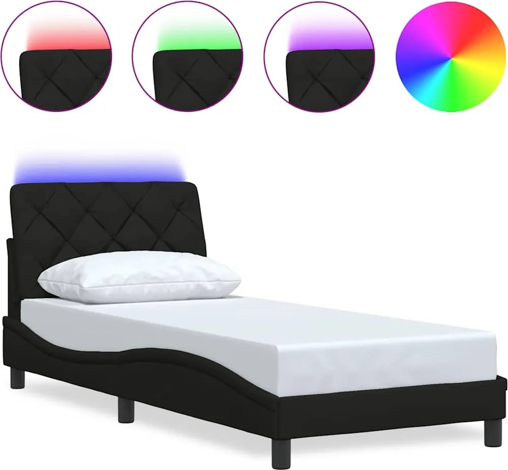 vidaXL fekete szövet ágykeret LED-ekkel matrac nélkül 90x200 cm