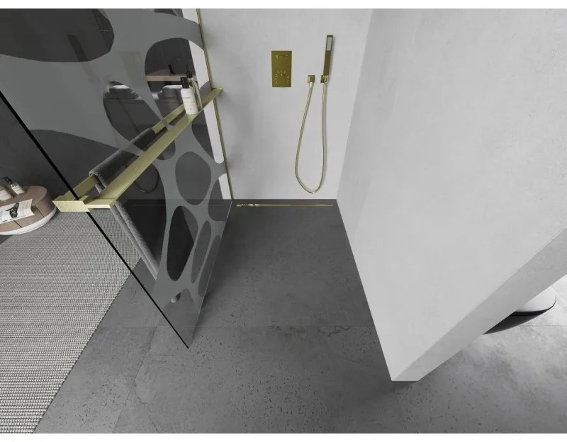 Mexen Kioto+, Walk-In zuhanyparaván polccal és akasztóval 90 x 200 cm, 8 mm átlátszó üveg fehér mintás, arany matt profil, 800-090-121-55-97