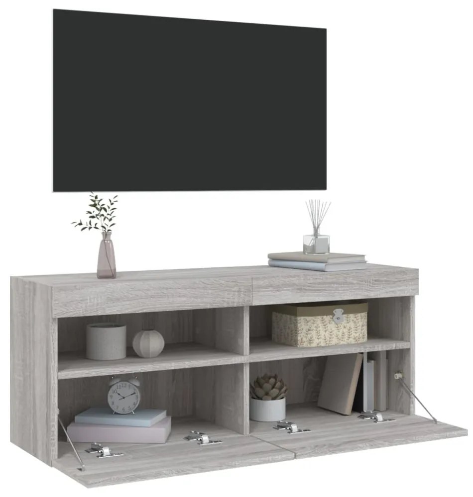 szürke sonoma színű fali TV-szekrény LED-del 100x30x40 cm