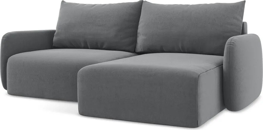 Szürke bársony kinyitható-tárolóhelyes sarokkanapé (jobb oldali-heverő résszel) Kalena – Makamii