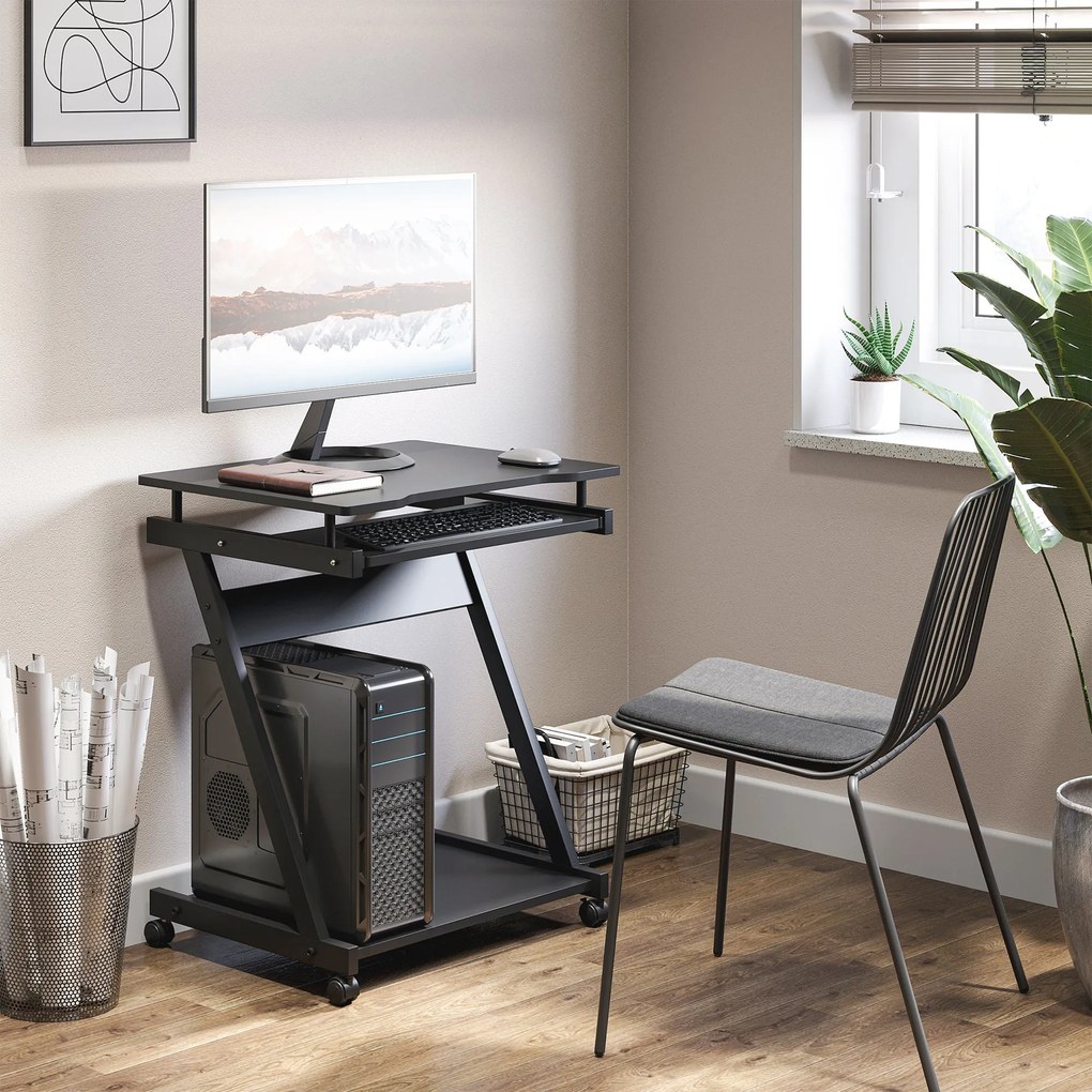 HOMCOM Gurulós Számítógép Asztal - Mobil Asztal - Számítógép Asztal - Csúszó Billentyűzet Polc + Polc - Fekete | Aosom