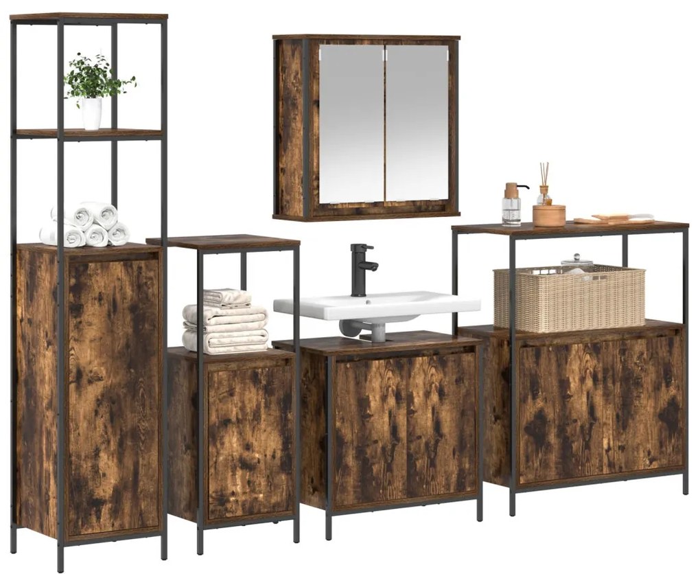 vidaXL Fürdőszoba bútor szett polcokkal 5 pcs Füstölt tölgy és Fekete