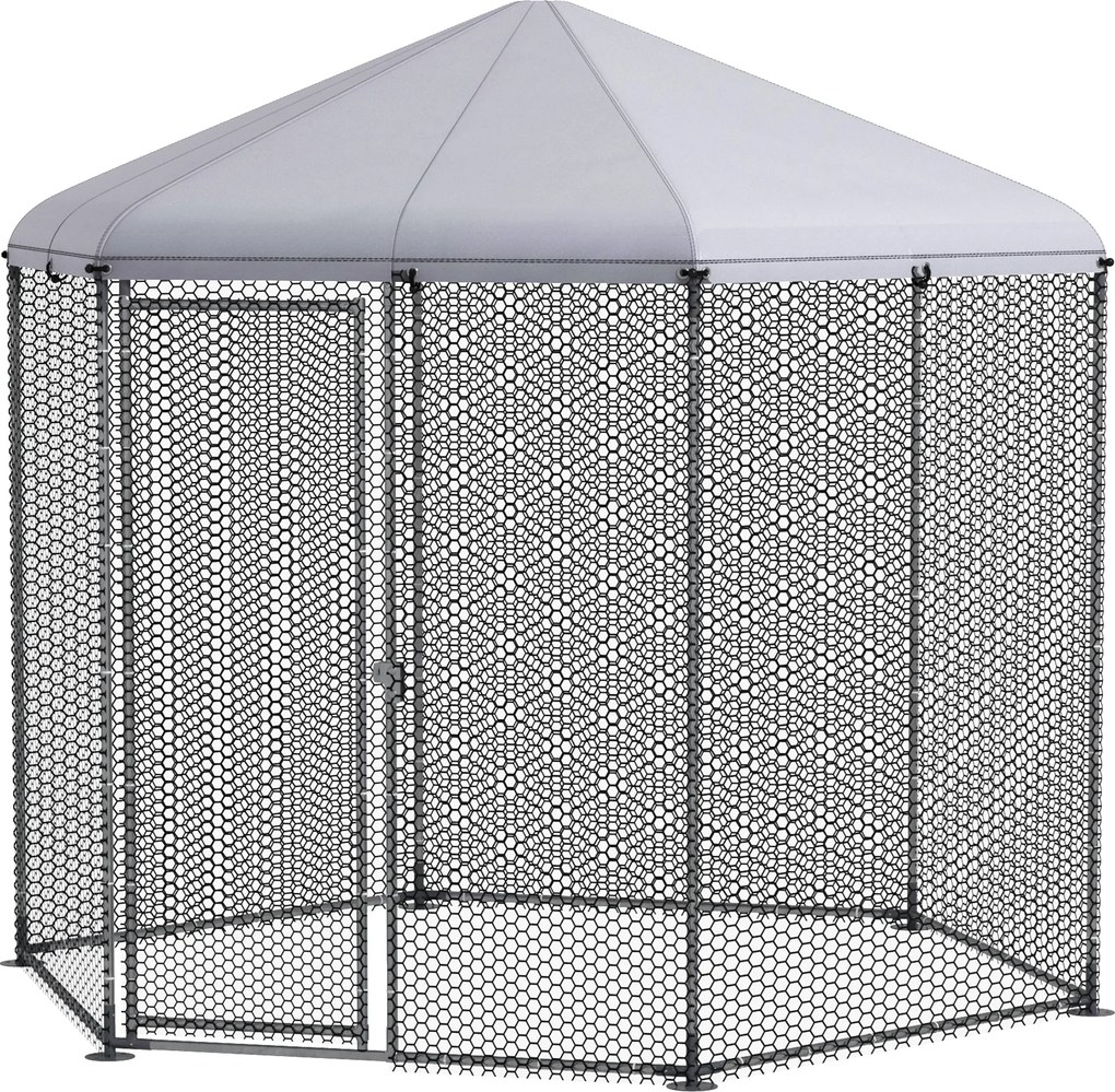 PawHut Csirkeól Kennel Aviary Hatszögletű Kültéri 5 m² - hálós kerítés méretek: 2.8L x 2.45W x 2.46H - fedett terület - horganyzott acél - 5/8 csirke