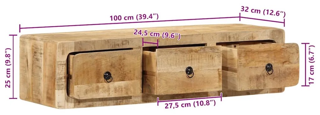 tömör nyers mangófa falra szerelhető TV-szekrény 100x32x25 cm