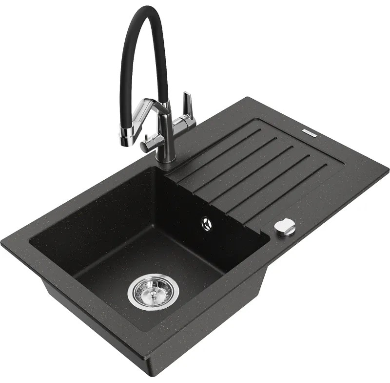 Mexen Pablo 1 rekeszes gránit mosogató elvezetővel és Duo konyhai csappal, fekete/arany metál - 6510-75-671701-07
