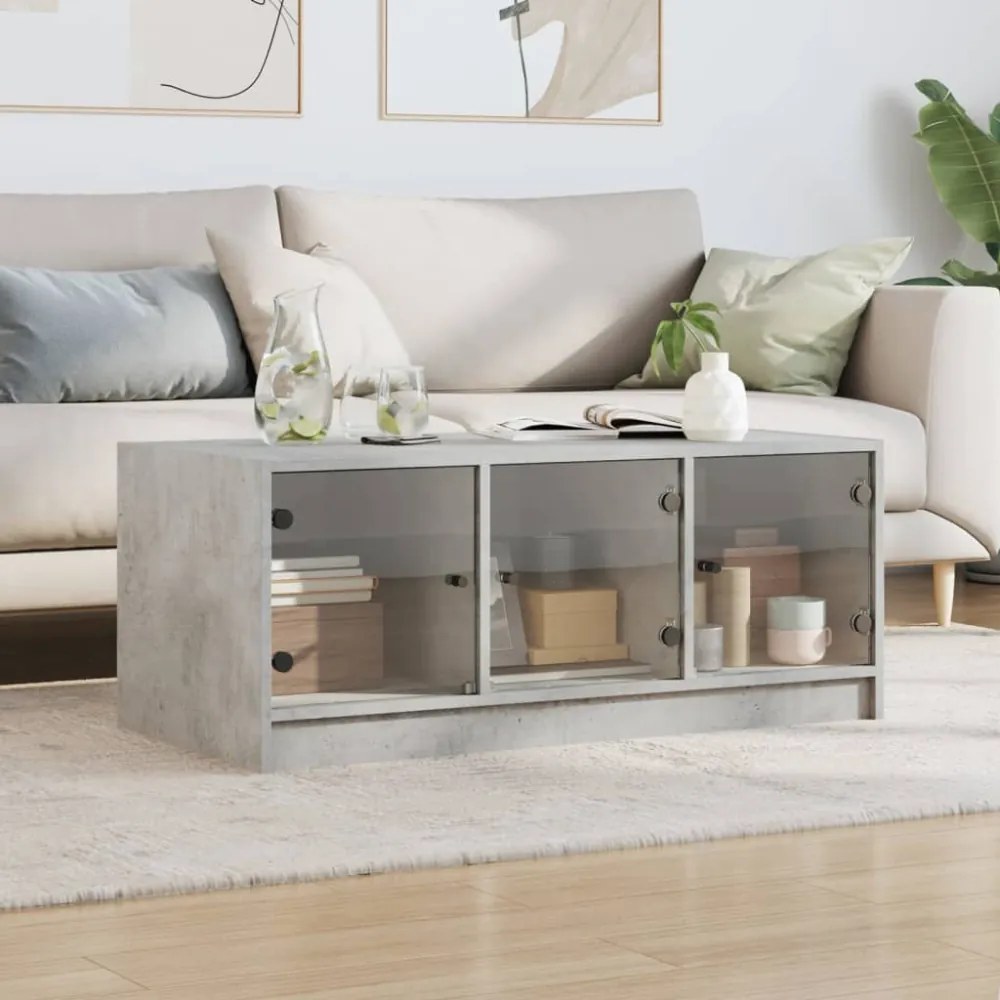 betonszürke dohányzóasztal üvegajtókkal 102 x 50 x 42 cm