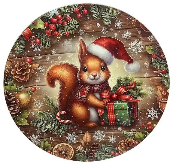 Karácsonyi mókusos műanyag dekor kerek tálca - 33 cm