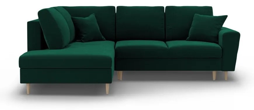 Zöld bársony kinyitható tárolóhelyes sarokkanapé (bal oldali-L alakú) Kyoto – Cosmopolitan Design