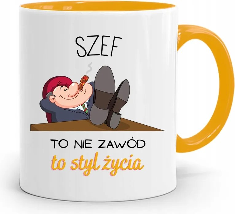 Sárga Bögre Ajándék A Főnöknek A Főnök Egy Életstílus, fényképes nyomtatással