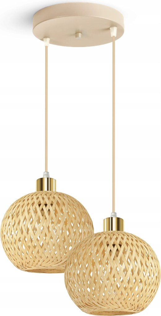 Függő lámpa Rattan Bézs Boho 2xE27 Állítható Magasság Nappali Hálószoba