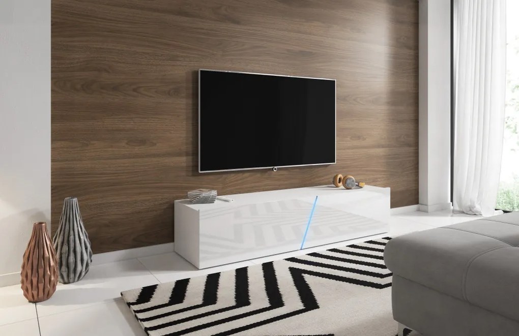 TV szekrény 160 cm fehér / fehér magasfény színkombinációban RGB LED világítással – SLANT